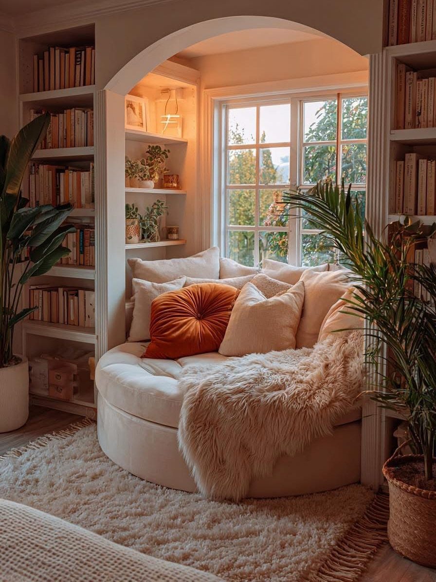 Curved white reading nook with plush pillows and faux-fur throw by a window.