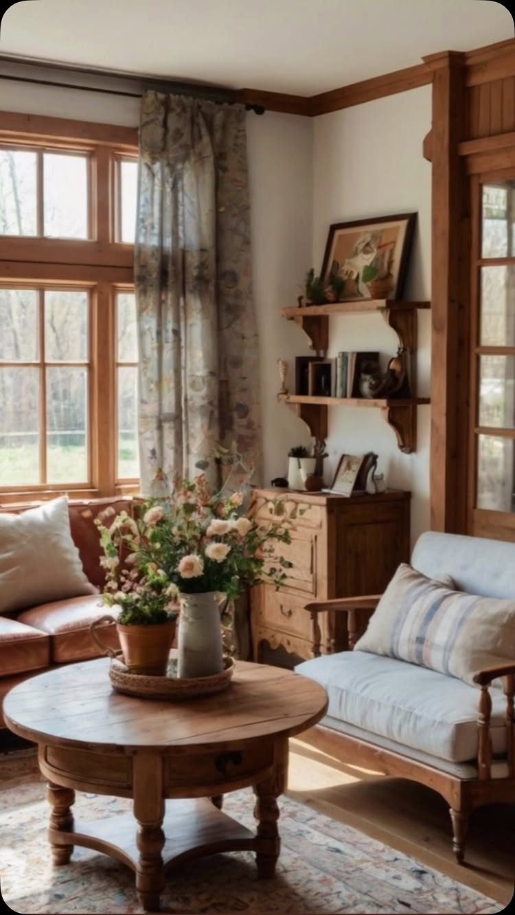 Vintage wooden chest and round coffee table in a cozy farmhouse living room.