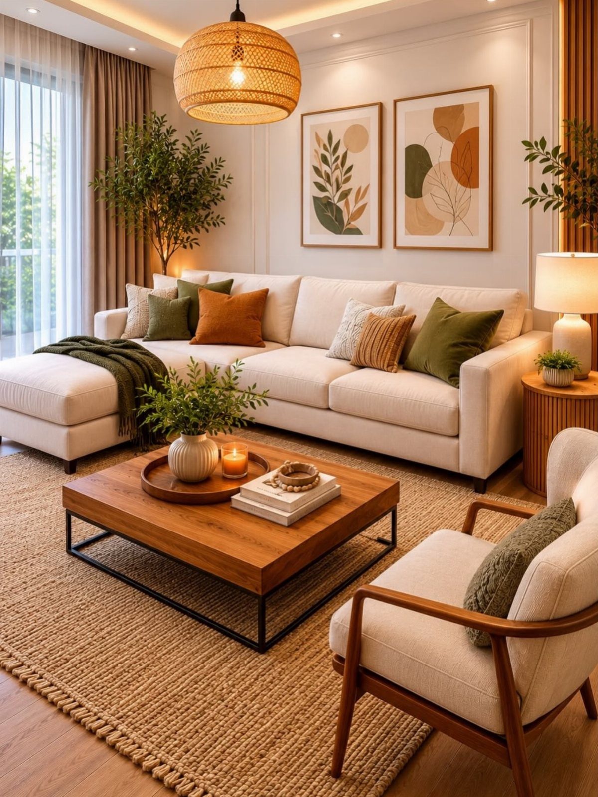 Bright living room with off-white walls, cream sofa, and natural wood furniture.
