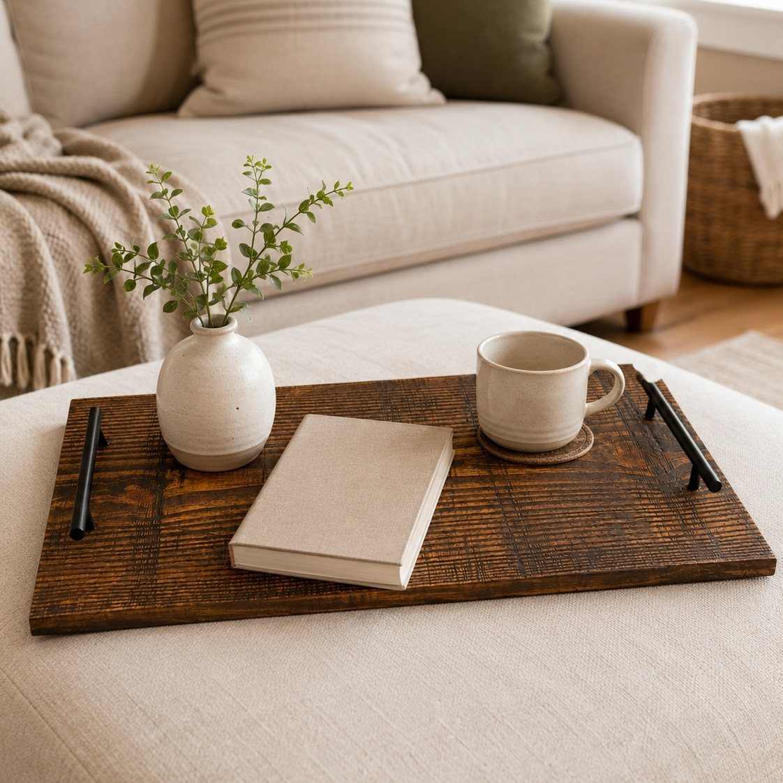 Wooden tray with a mug, book, and plant on a beige living room ottoman