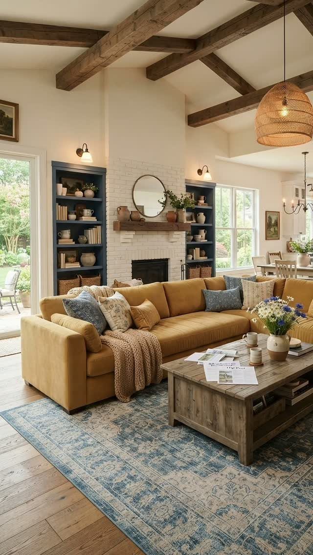 Butter yellow sectional sofa in a living room with dark wood ceiling beams.