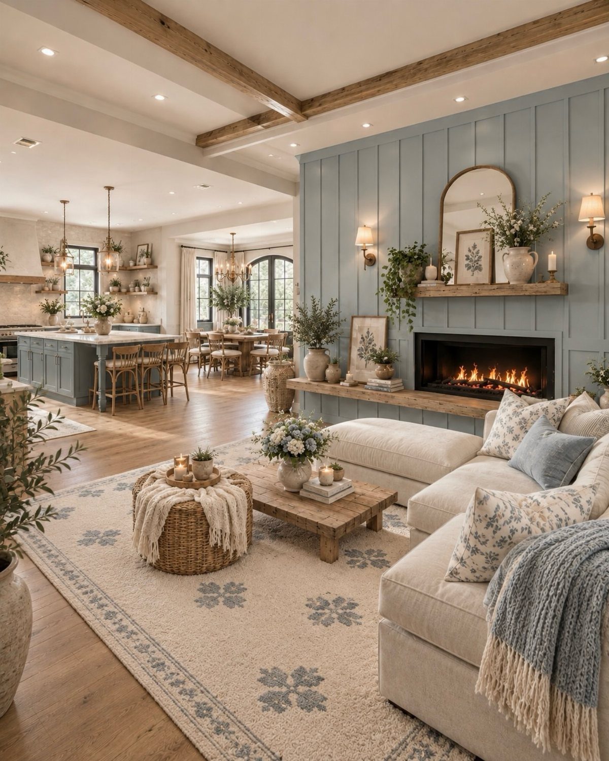 Light blue paneled wall in a farmhouse living room with cream sofa and fireplace.