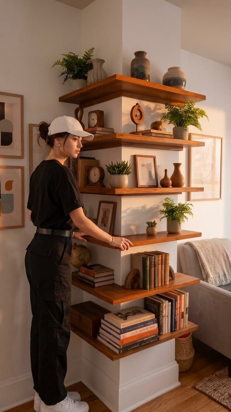 Wooden corner floating shelves on a white pillar holding books, plants, and decor.