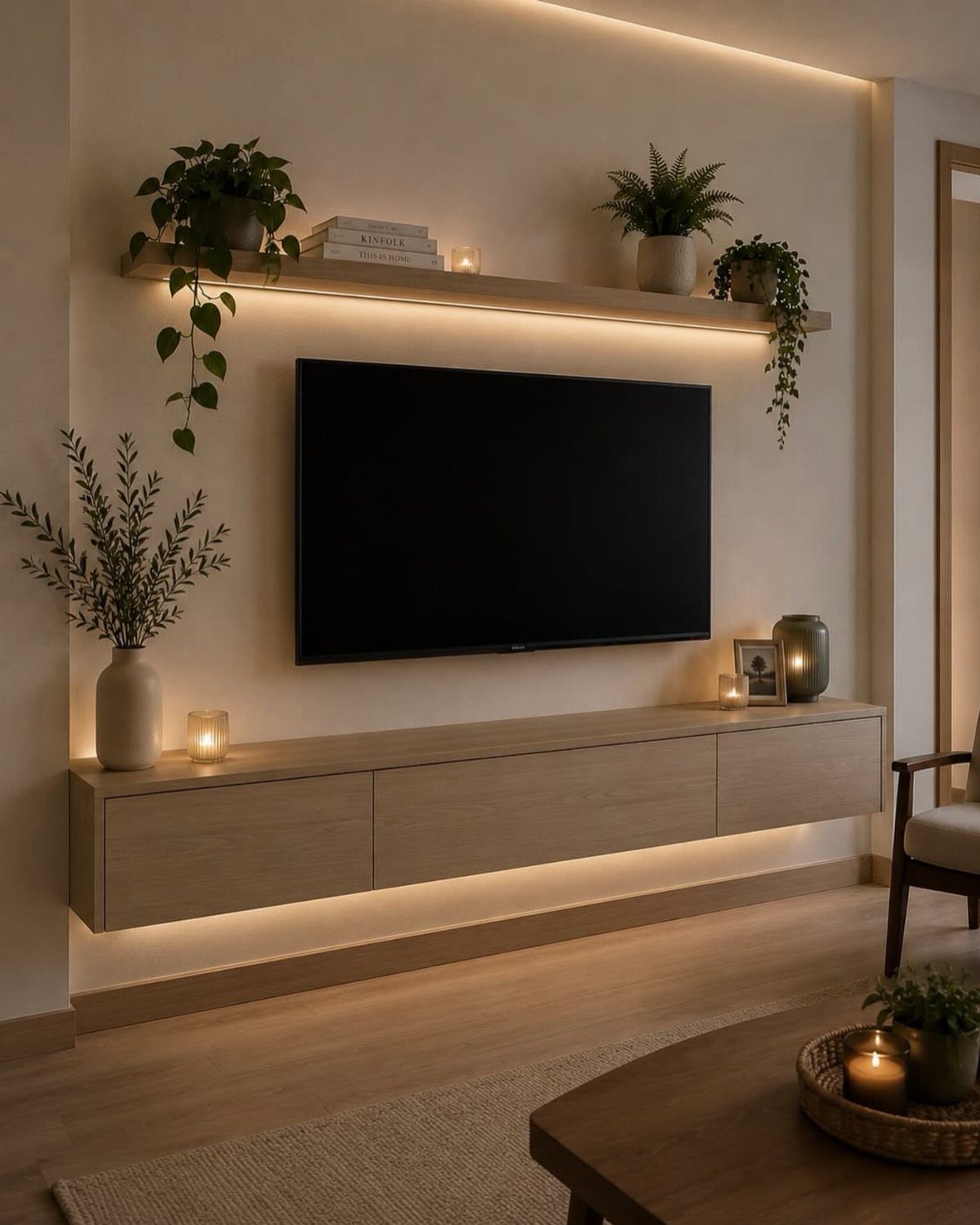 Floating wooden shelf with plants above a wall-mounted TV in a modern living room.