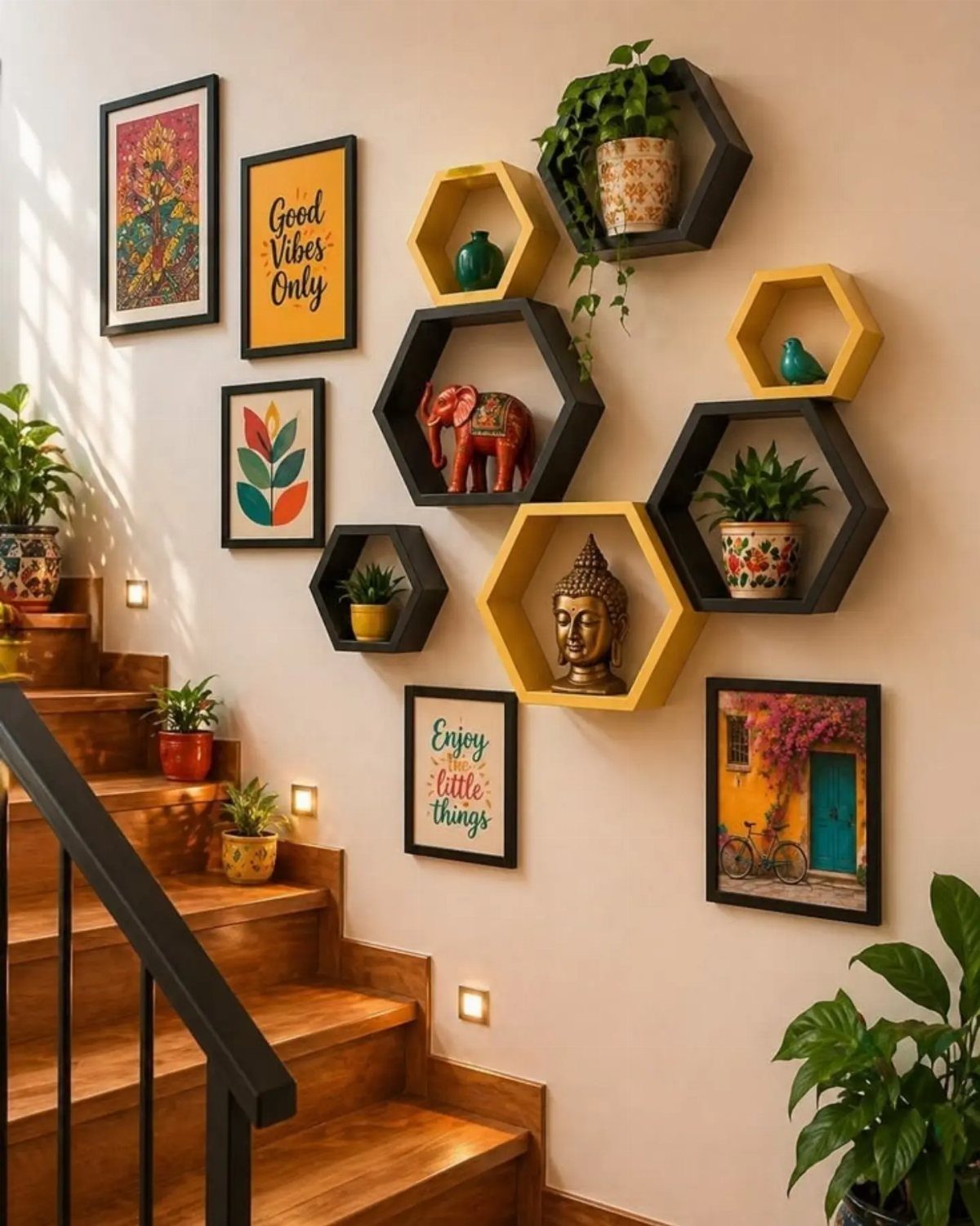 Hexagonal floating shelves in black and yellow holding decor on a beige wall.