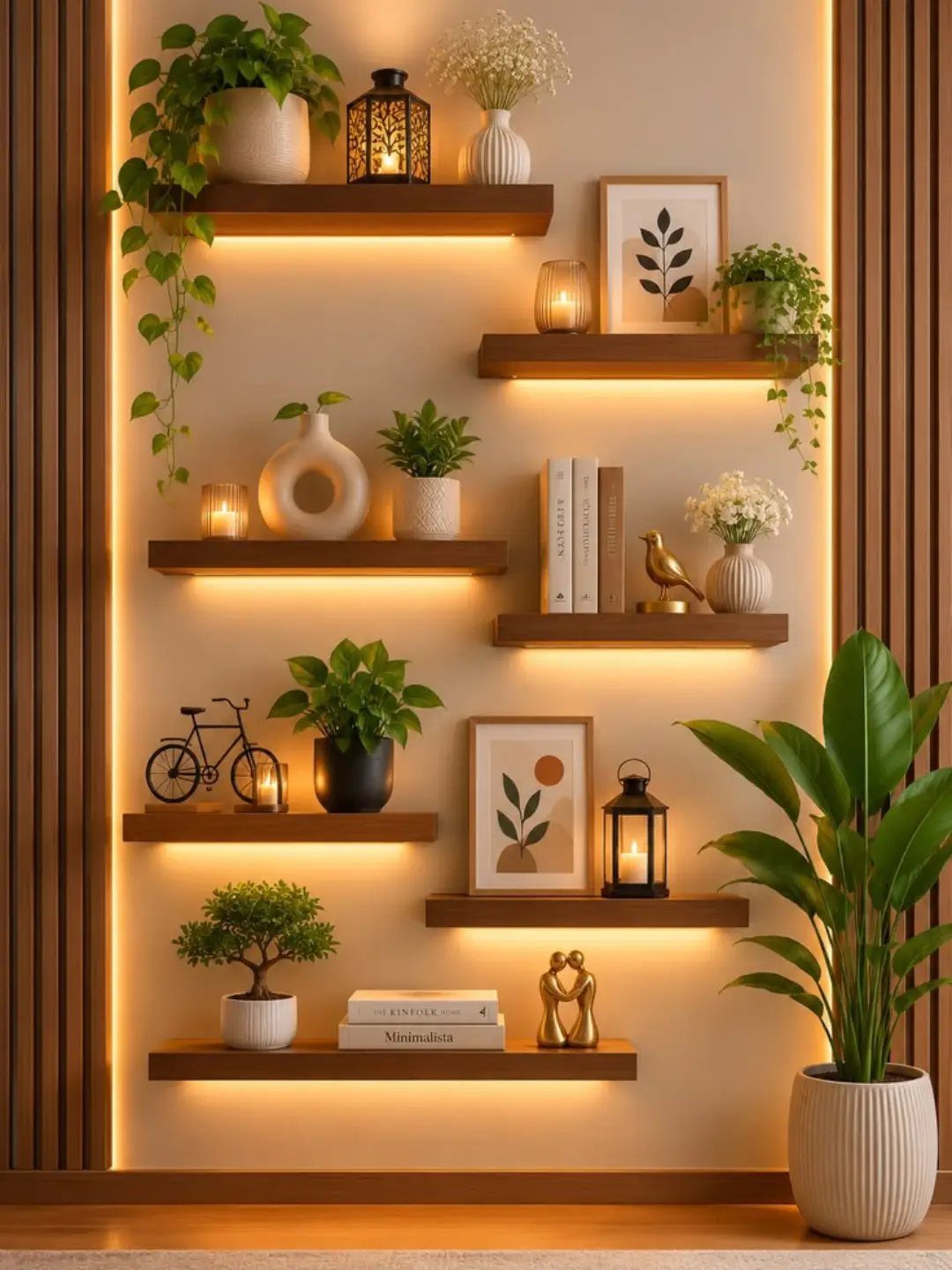 Wooden floating shelves with warm backlight holding plants, books, and decor on a wall.