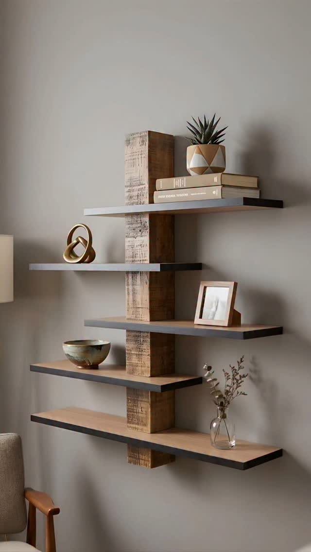 Multi layered floating shelves with a central wooden pillar holding home decor items.