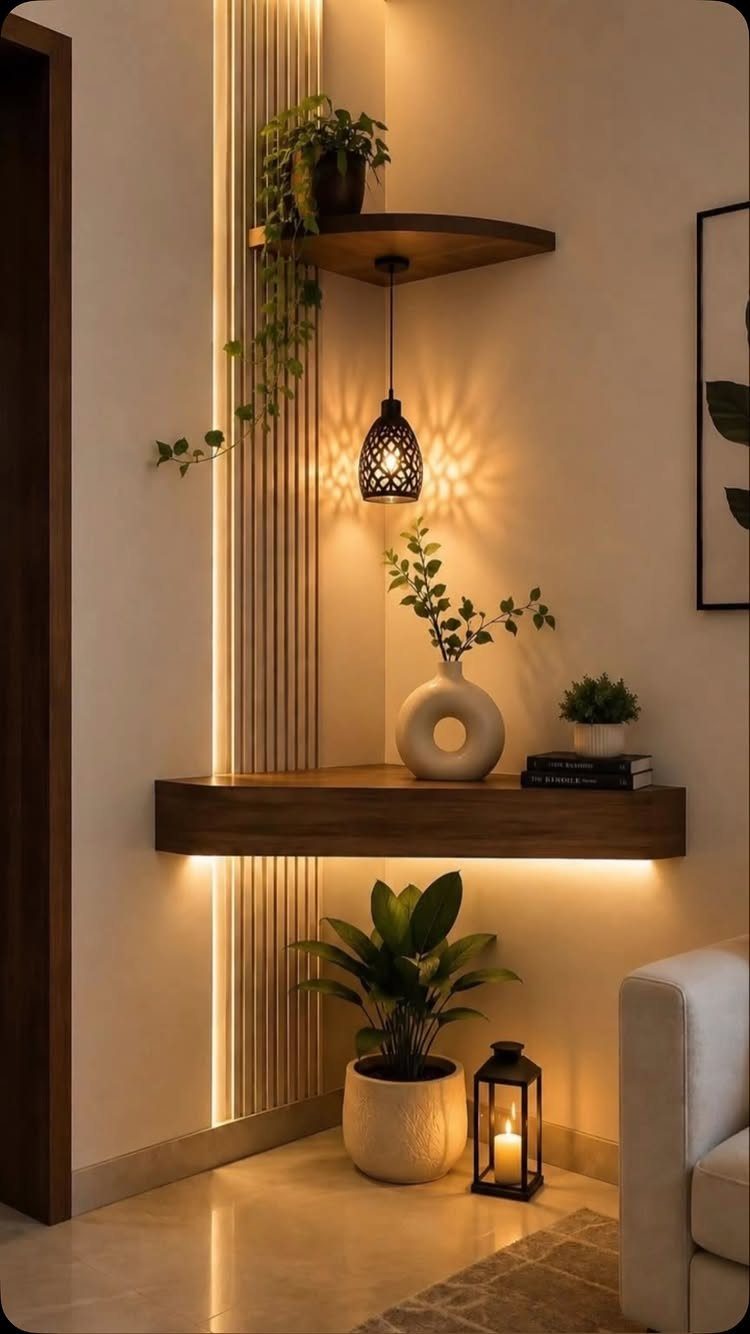 Dark wood floating shelves with plants and lighting in a modern living room.