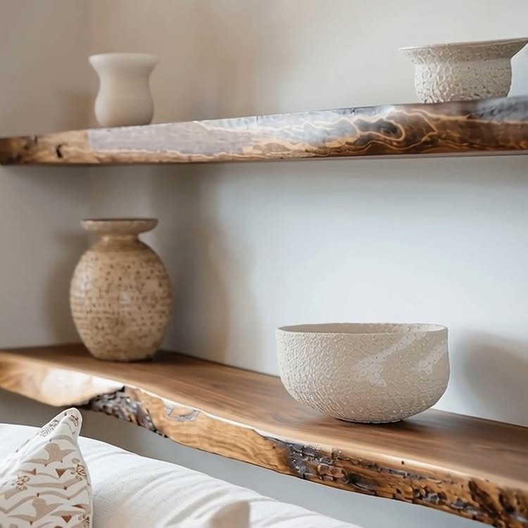 Live-edge solid wood floating shelves with white ceramic vases on a white wall
