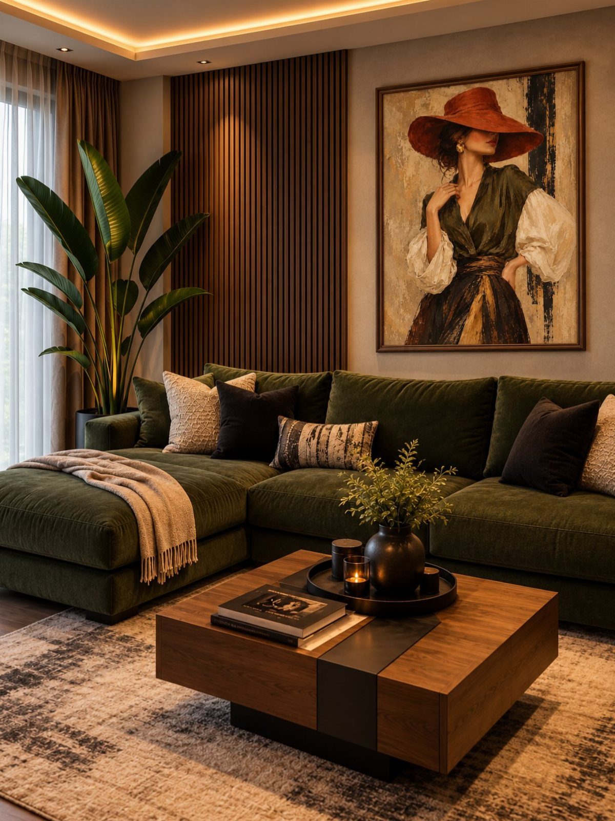 9 Green Couch Living Room Ideas for a Fresh Look 3 Dark green velvet sectional sofa in a modern living room with wooden accents.