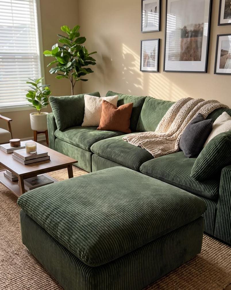 9 Green Couch Living Room Ideas for a Fresh Look 8 Dark green corduroy sectional sofa in a living room with neutral walls and plants.