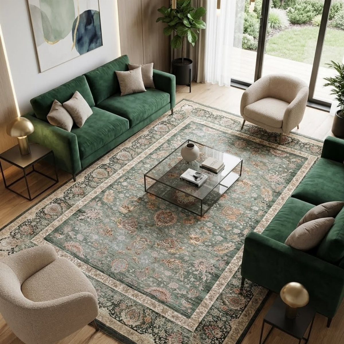 9 Green Couch Living Room Ideas for a Fresh Look 7 Dark green velvet sofas and beige armchairs on a large patterned area rug.