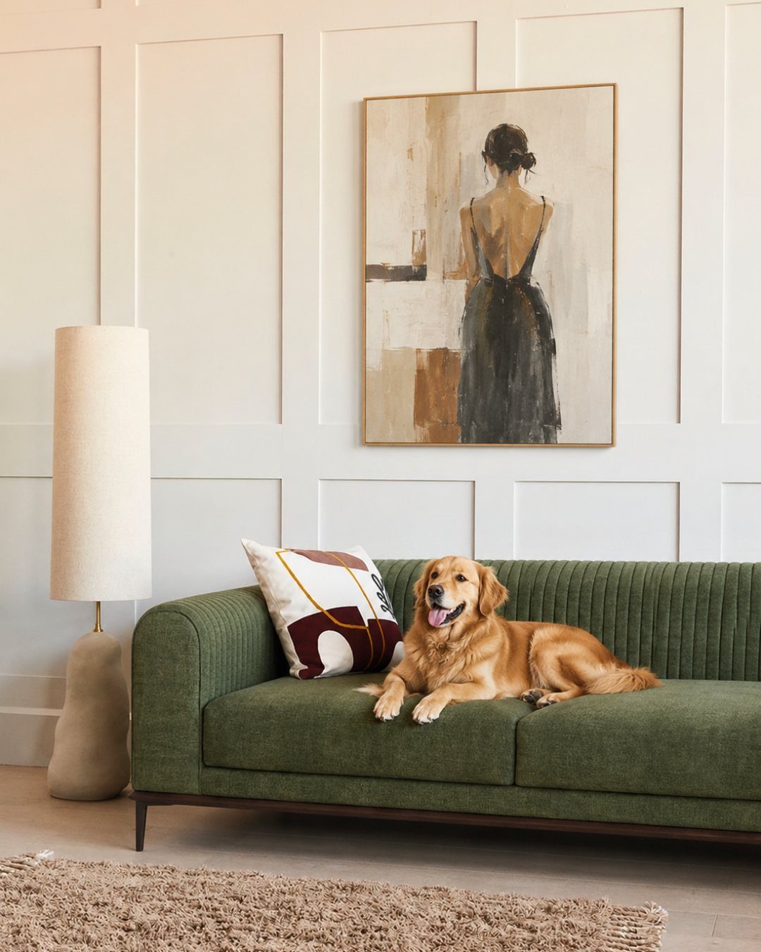 9 Green Couch Living Room Ideas for a Fresh Look 5 Golden retriever lying on a green fabric sofa in a bright living room