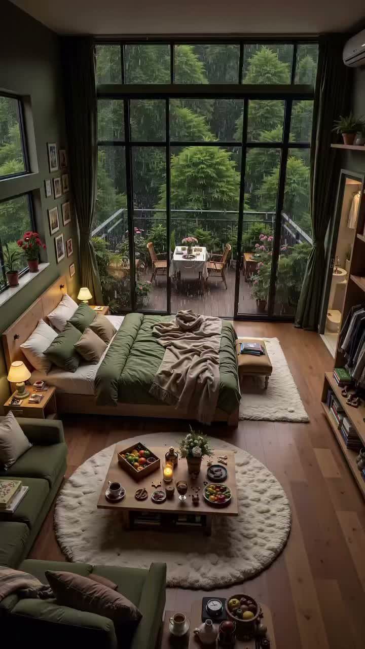 9 Green Couch Living Room Ideas for a Fresh Look 9 Cozy living space with green furniture, layered textiles, and a forest view.
