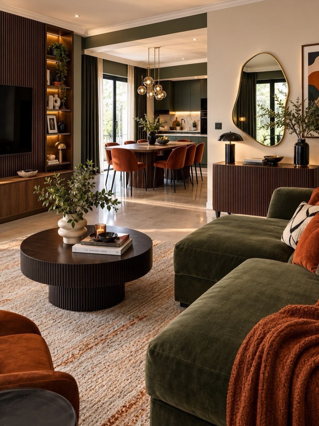 9 Green Couch Living Room Ideas for a Fresh Look 2 Olive green sectional sofa in a modern living room with orange accents and wooden furniture.