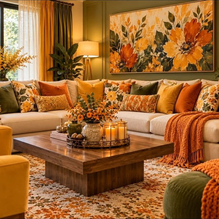 Patterned orange and green rug under a wooden coffee table in a living room.
