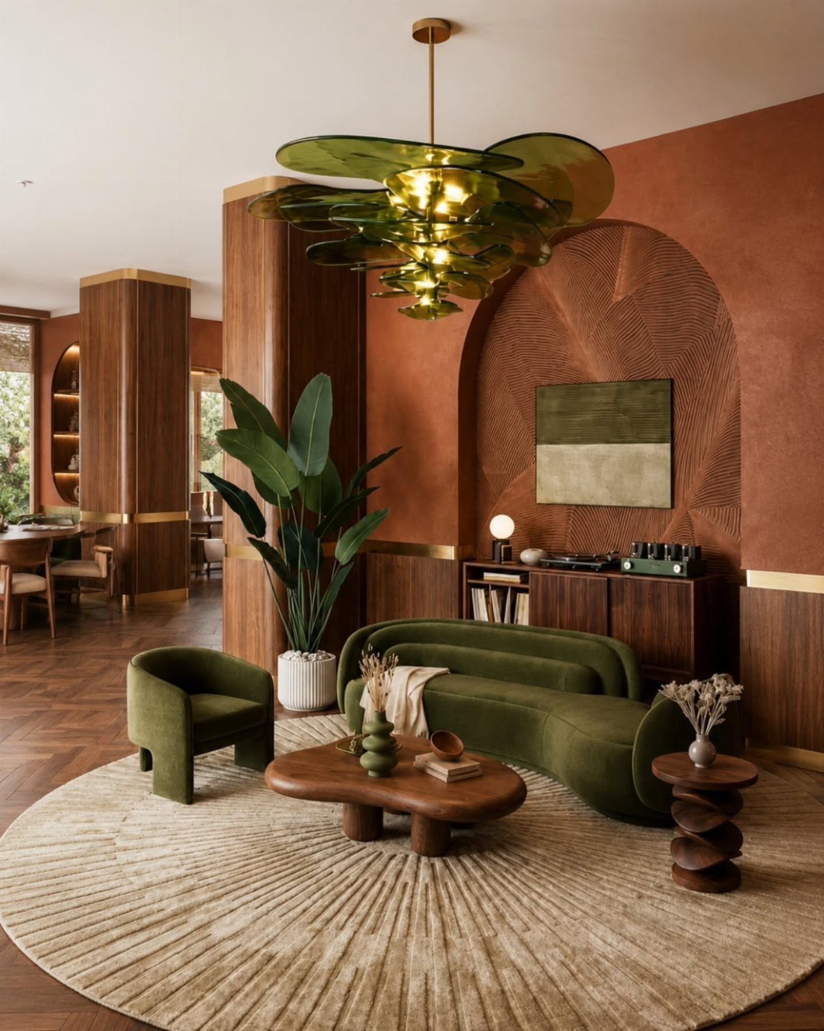 Olive green curved sofa and armchair in a room with terracotta orange walls