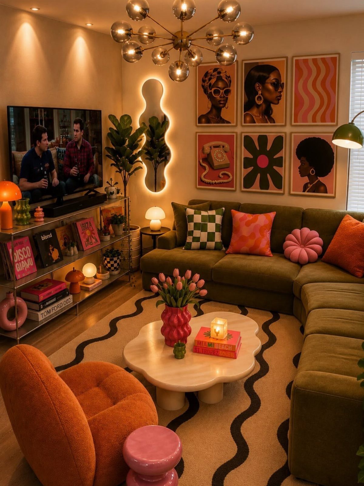 Olive green sofa and orange armchair in a colorful mid-century modern living room.