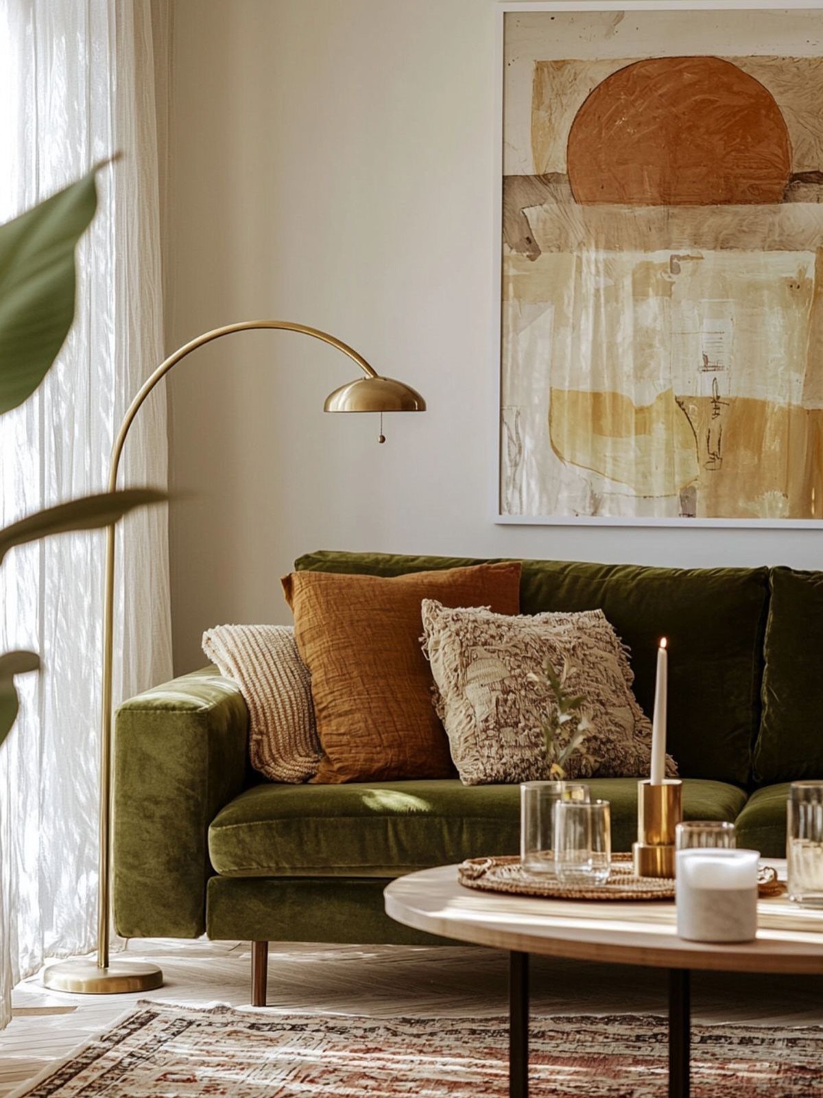 Green velvet sofa with orange pillows, gold lamp, and abstract art in living room.