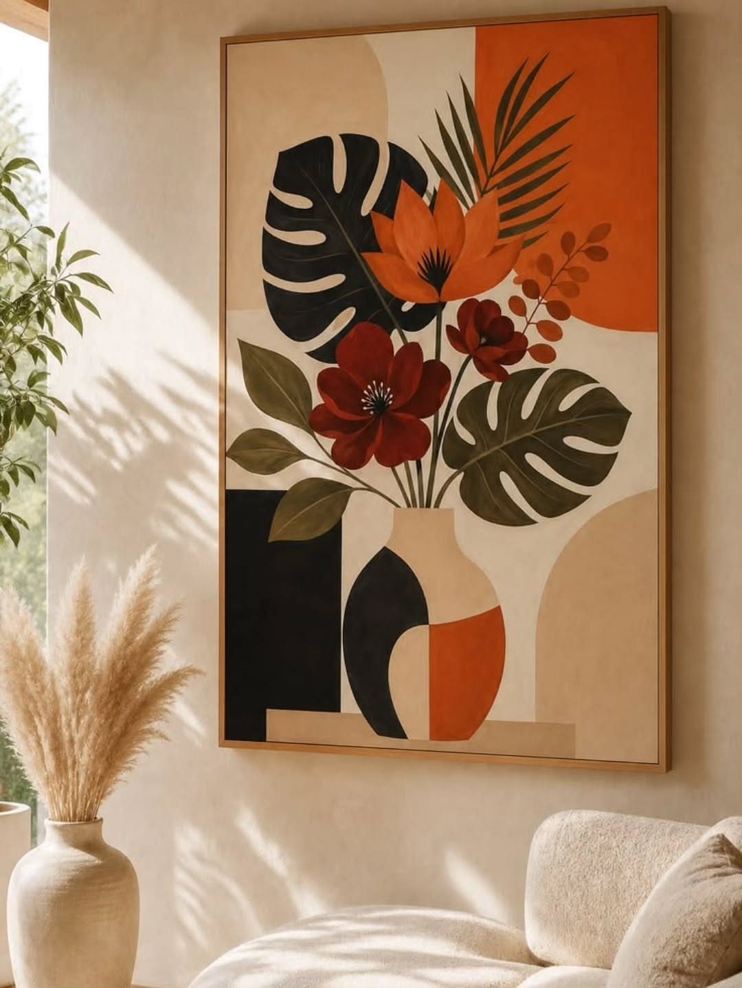 Modern art print with green leaves and orange flowers in a wooden frame.