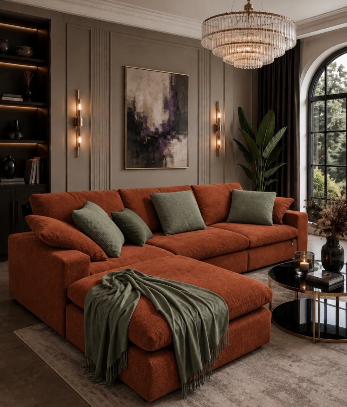 Burnt orange sectional sofa with sage green pillows in a modern taupe living room.