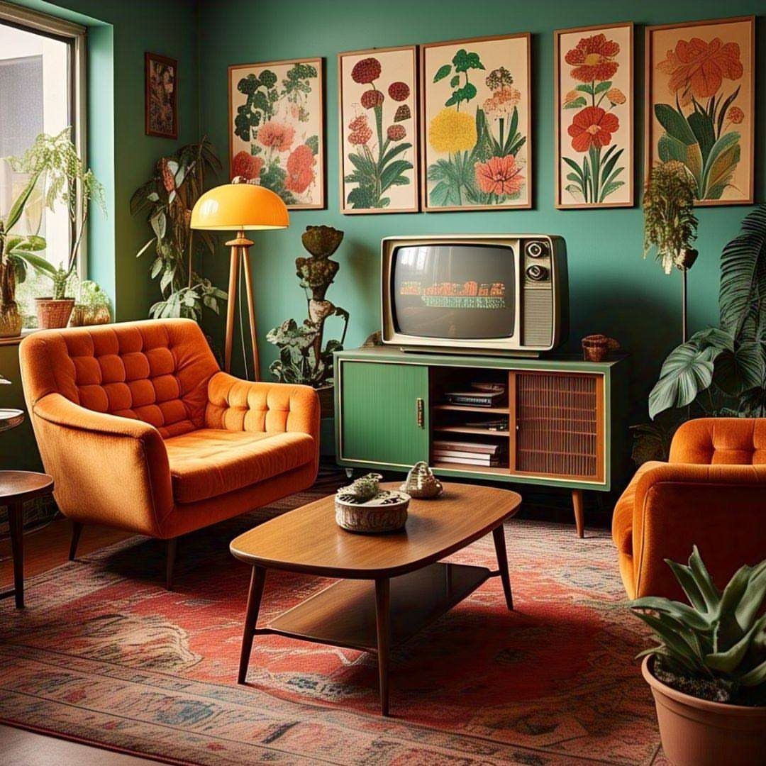 Orange tufted armchairs and vintage television in a room with deep green walls.