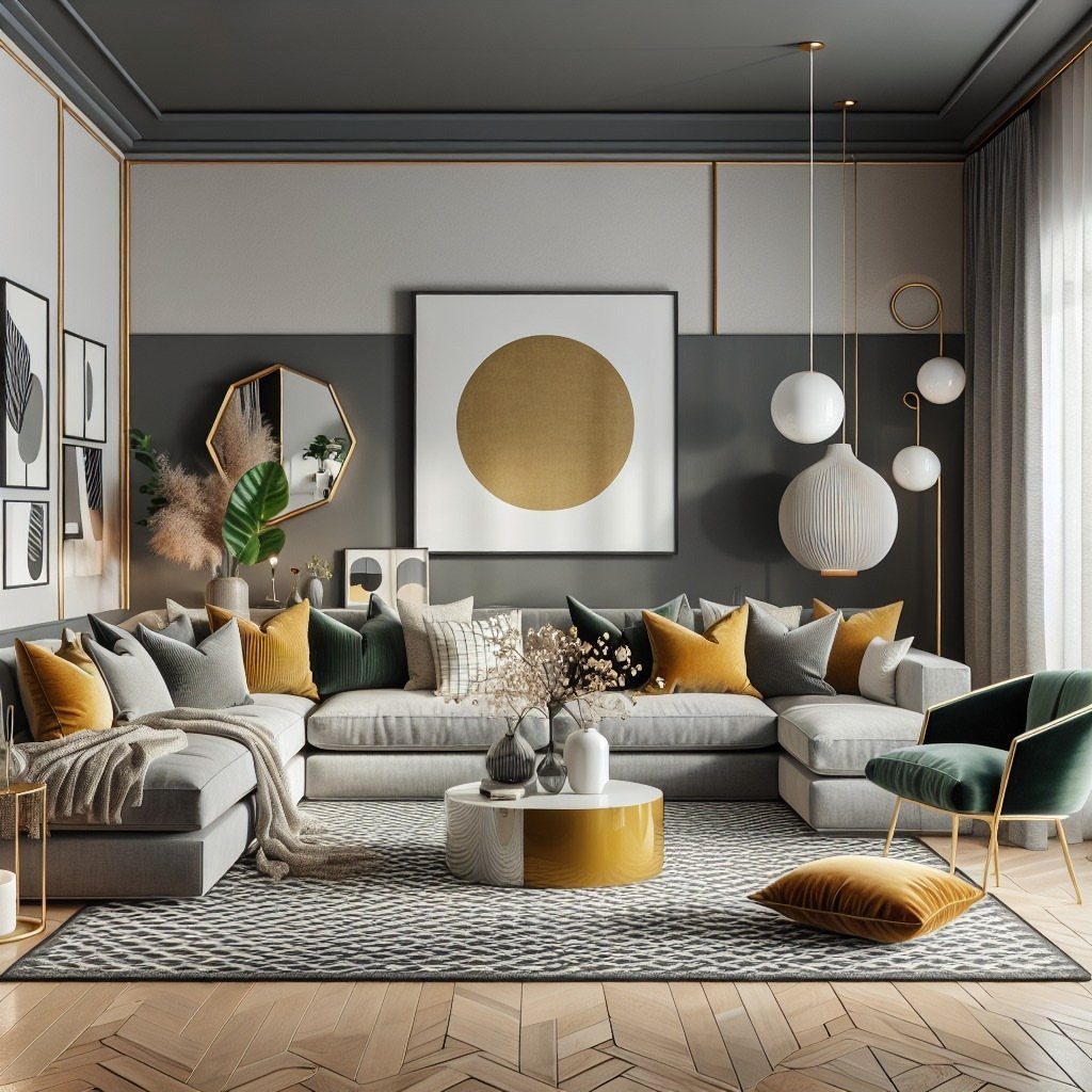 15 Grey Sofa Living Room Ideas with Real Style 9 Light grey sectional sofa with yellow pillows on a grey geometric patterned rug.
