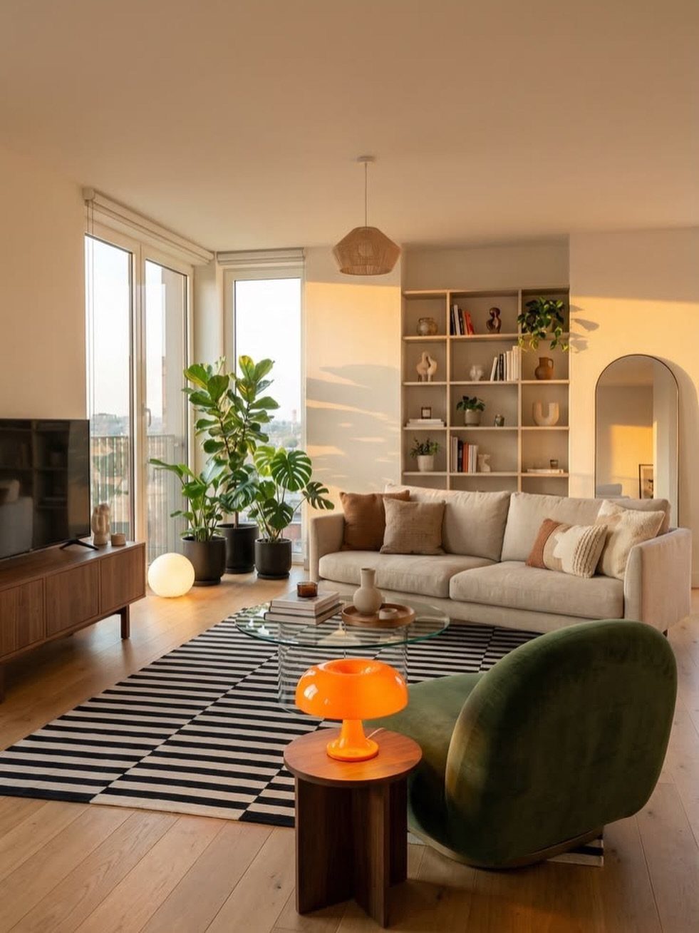 15 Grey Sofa Living Room Ideas with Real Style 6 Light grey sofa and green armchair on a black and white striped rug.