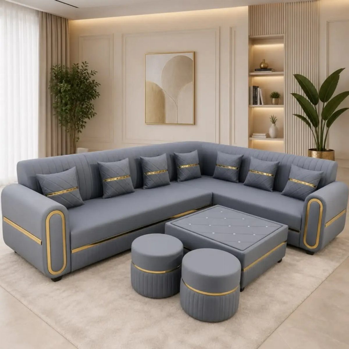 15 Grey Sofa Living Room Ideas with Real Style 4 Grey L-shaped sectional sofa with gold accents and a gold-framed painting on beige wall