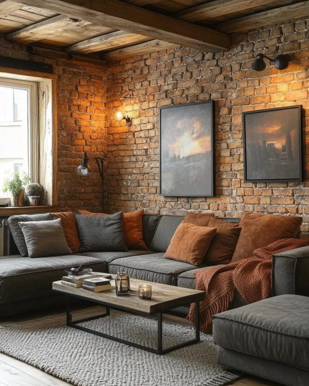 15 Grey Sofa Living Room Ideas with Real Style 1 Dark grey sectional sofa against a rustic red brick wall in a living room.