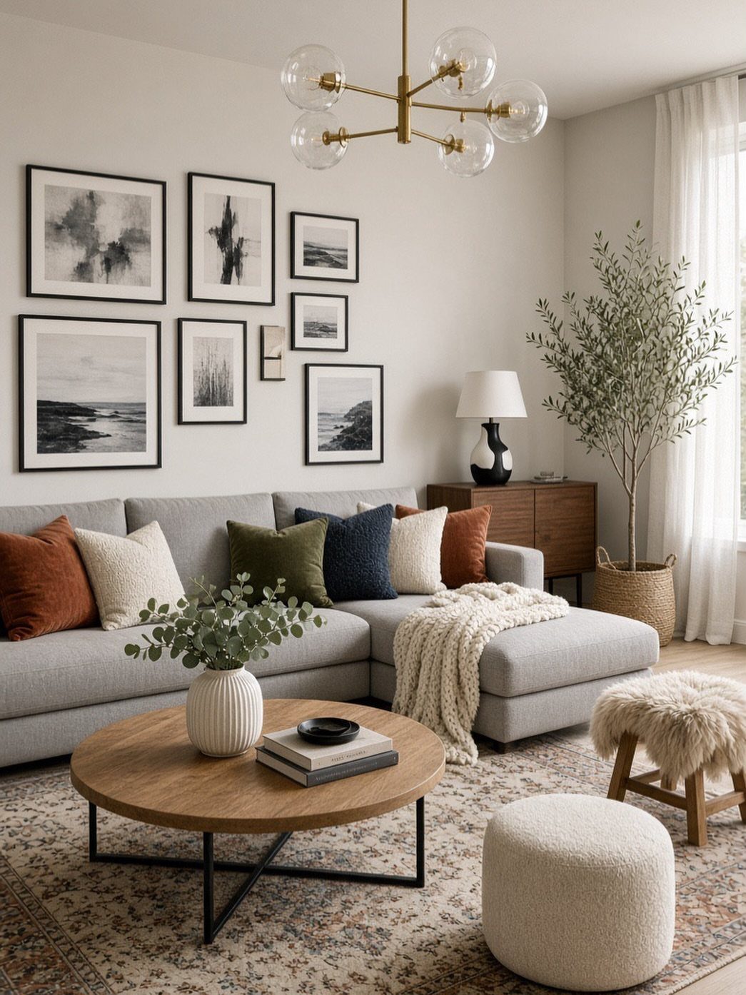 15 Grey Sofa Living Room Ideas with Real Style 2 Light grey sectional sofa against beige walls with a gallery wall and wooden coffee table.
