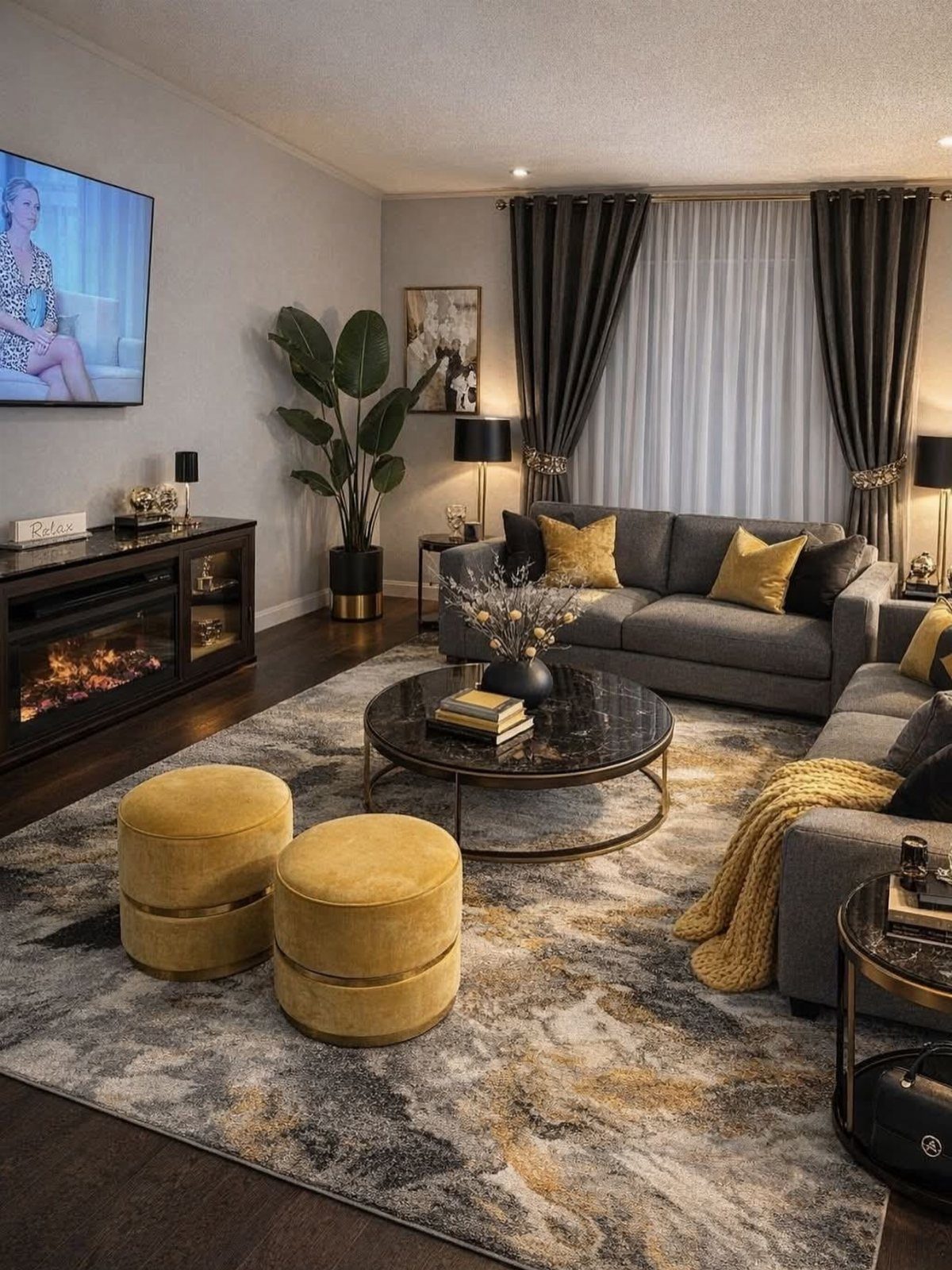 15 Grey Sofa Living Room Ideas with Real Style 13 Dark grey sectional sofa with yellow accents and a patterned rug in a living room.