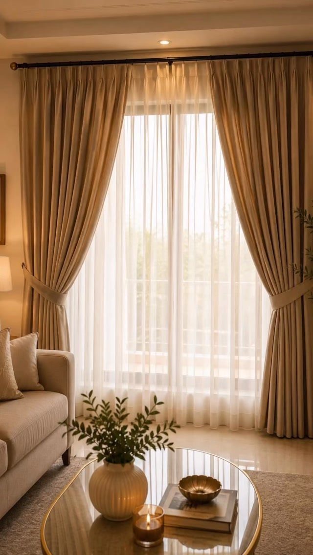 Beige pleated curtains with white sheers in a neutral living room setting.