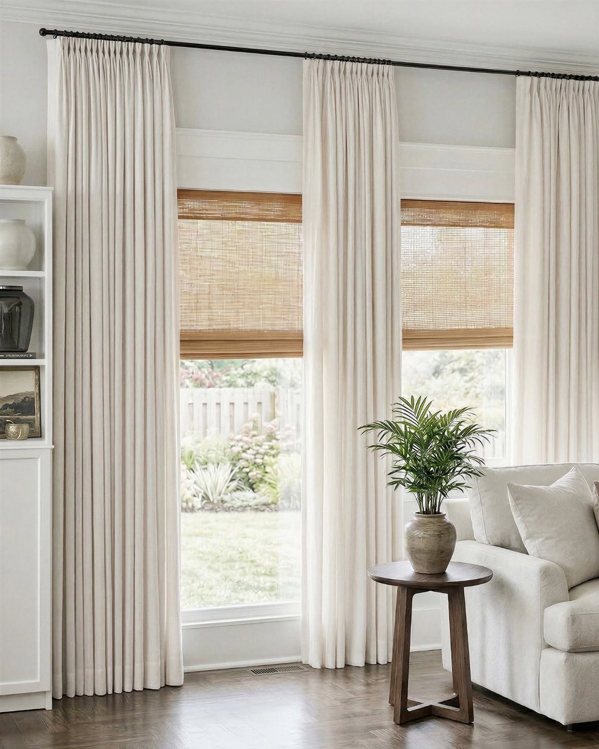 Off-white pleated curtains and woven bamboo shades in a bright, modern living room.