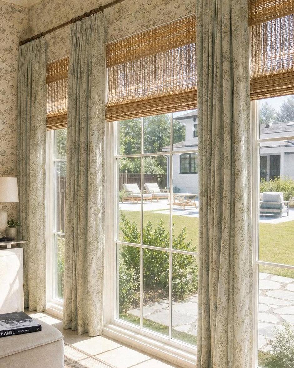Light patterned curtains and woven bamboo shades framing a bright living room window