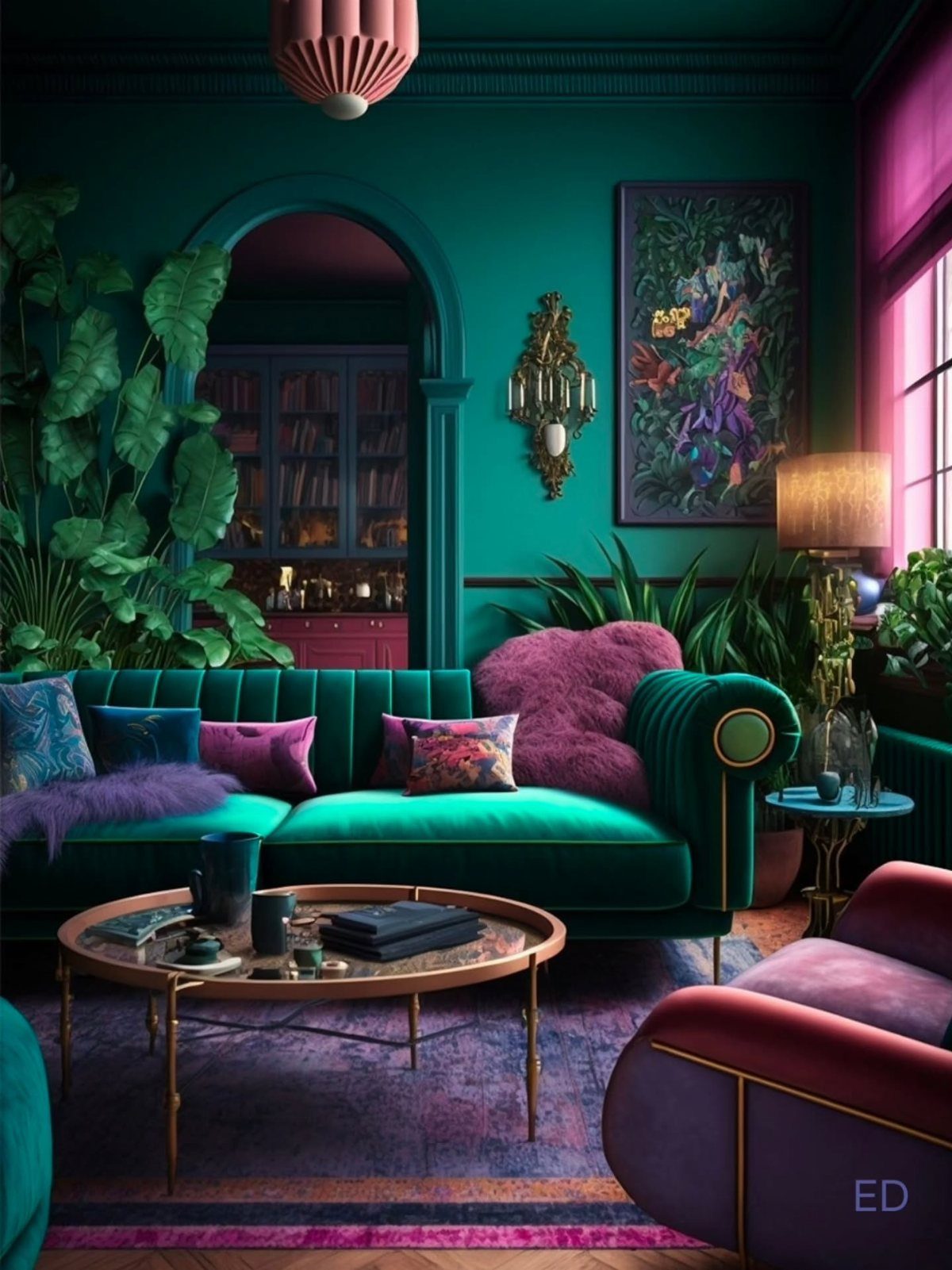 Luxurious living room featuring a cohesive teal and magenta color palette with velvet furniture.