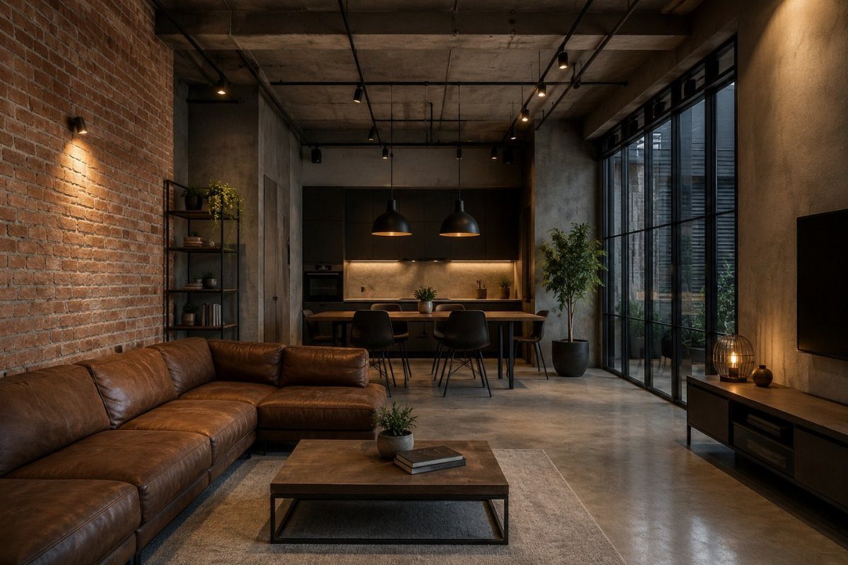 Industrial living room with brown leather sofa, exposed brick wall, and concrete ceiling.