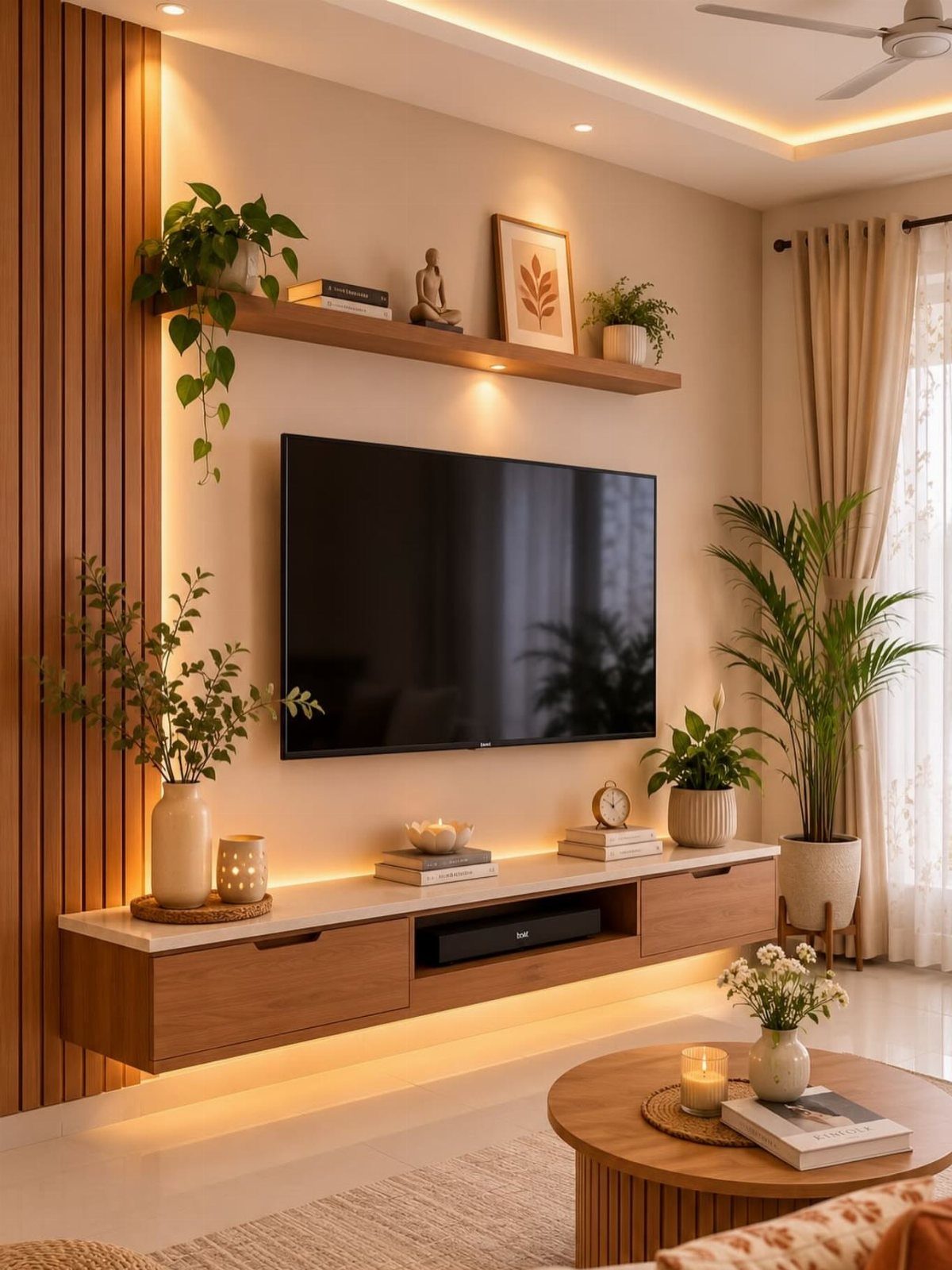 Modern living room with wall-mounted TV, floating wooden shelves, and warm ambient lighting.
