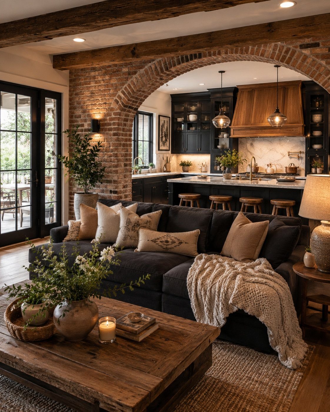 Rustic living room with a dark sofa, wooden coffee table, and brick archway.