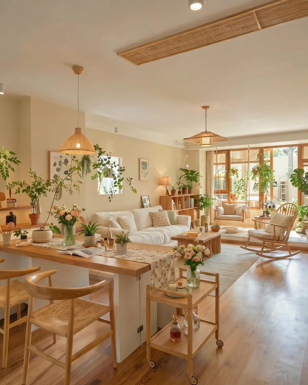 Bright living room with light wood furniture, white sofa, and many indoor plants.