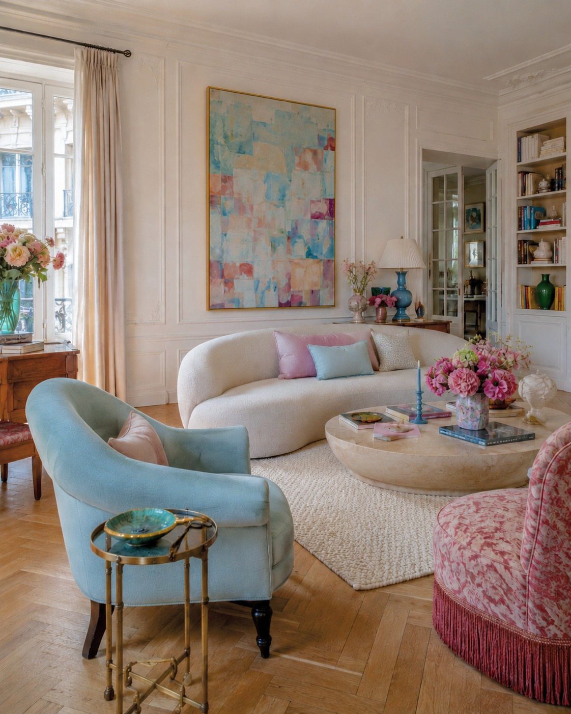Pink patterned armchair with fringe in a bright living room with blue accents.
