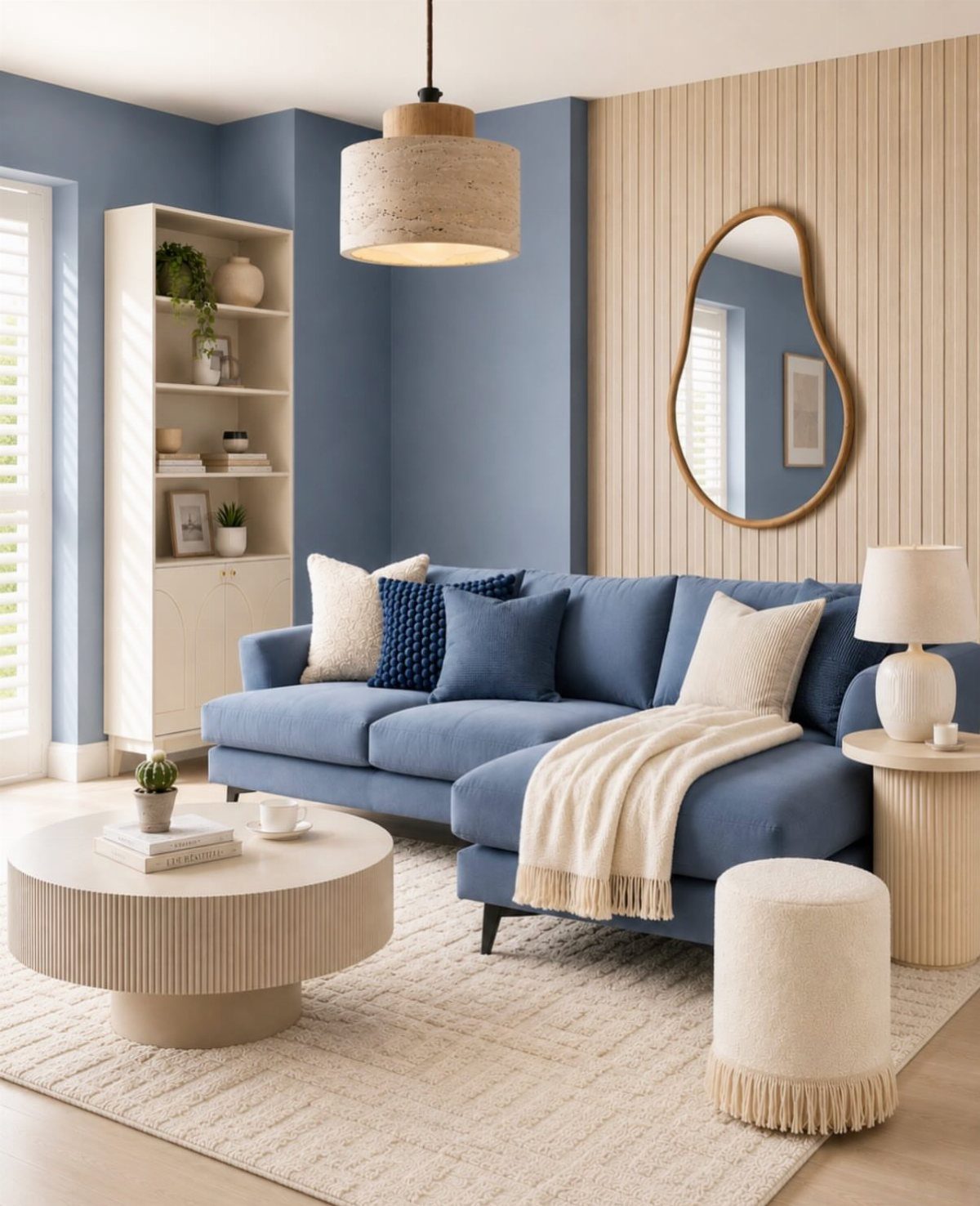 Blue sectional sofa with layered blue and cream cushions in a light blue room.