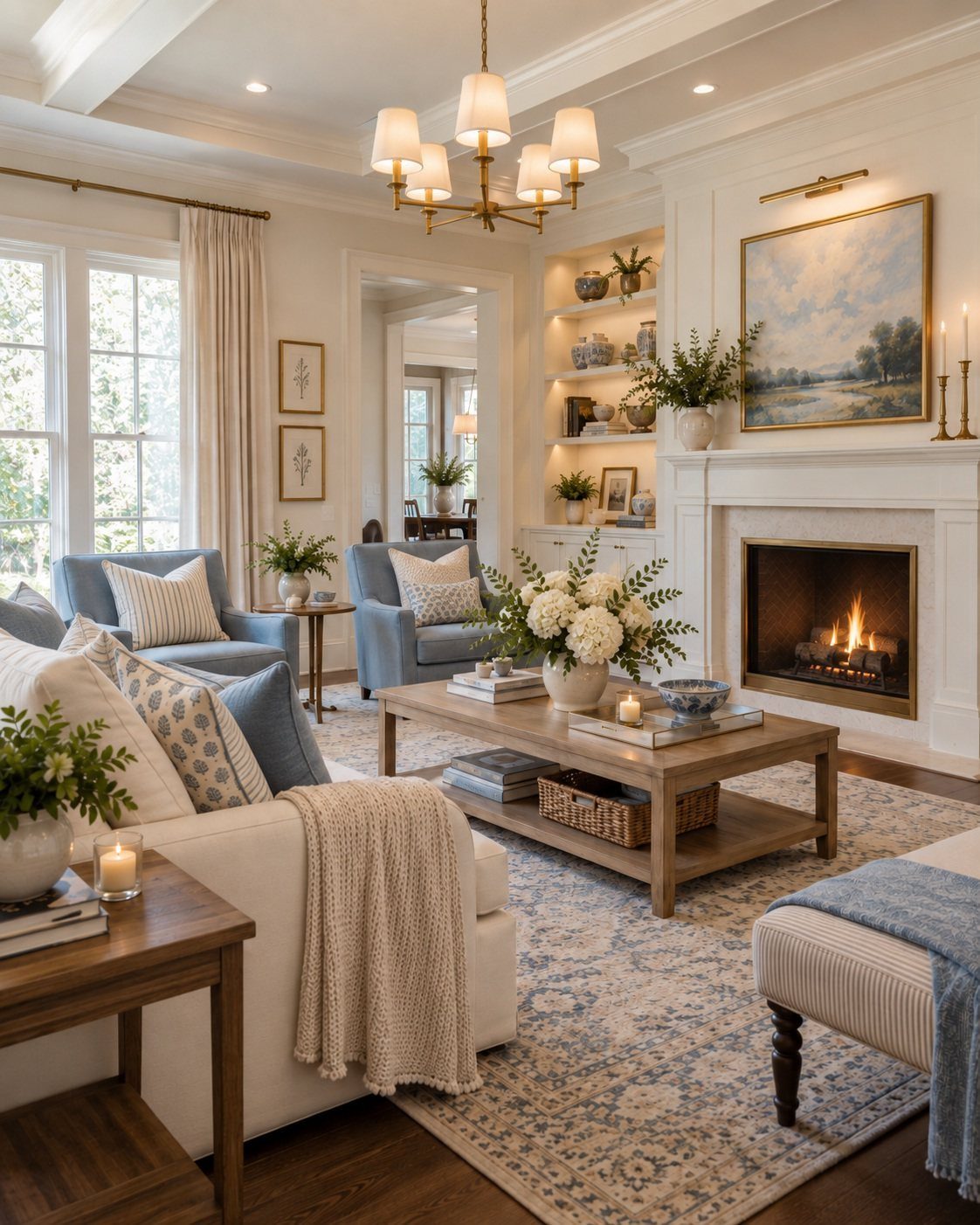 Bright living room with cream walls, light blue armchairs, and a blue patterned rug.