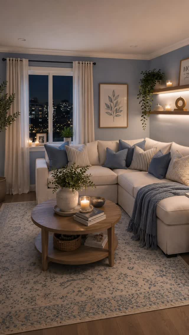 Living room with light blue walls, cream sofa, and sandy beige wooden furniture.