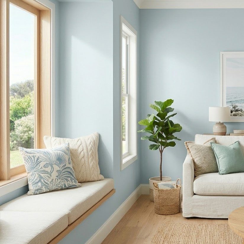 Light blue living room with a white window seat and a cozy white sofa.