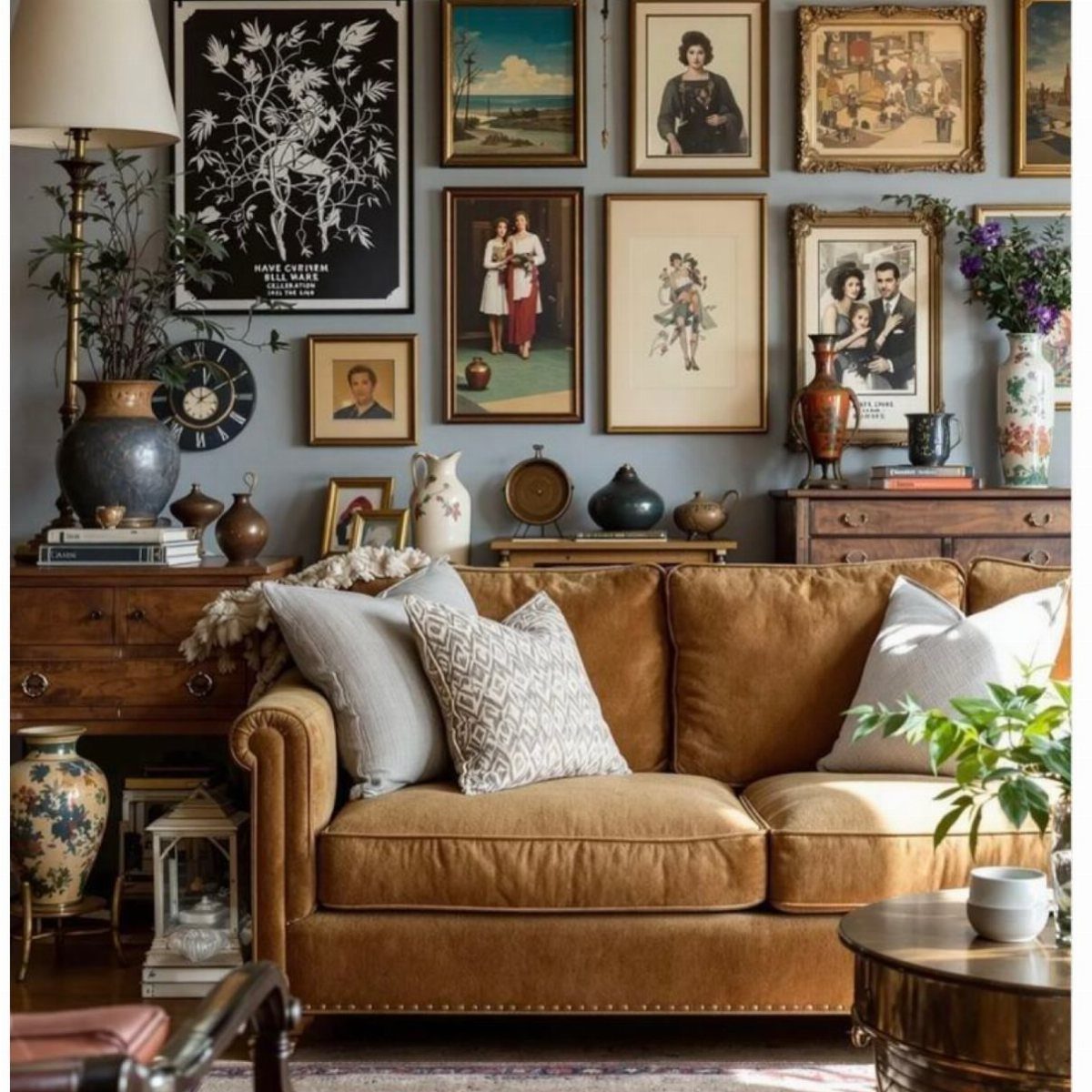 Brown velvet sofa against a muted blue-gray wall with a gallery of framed art.
