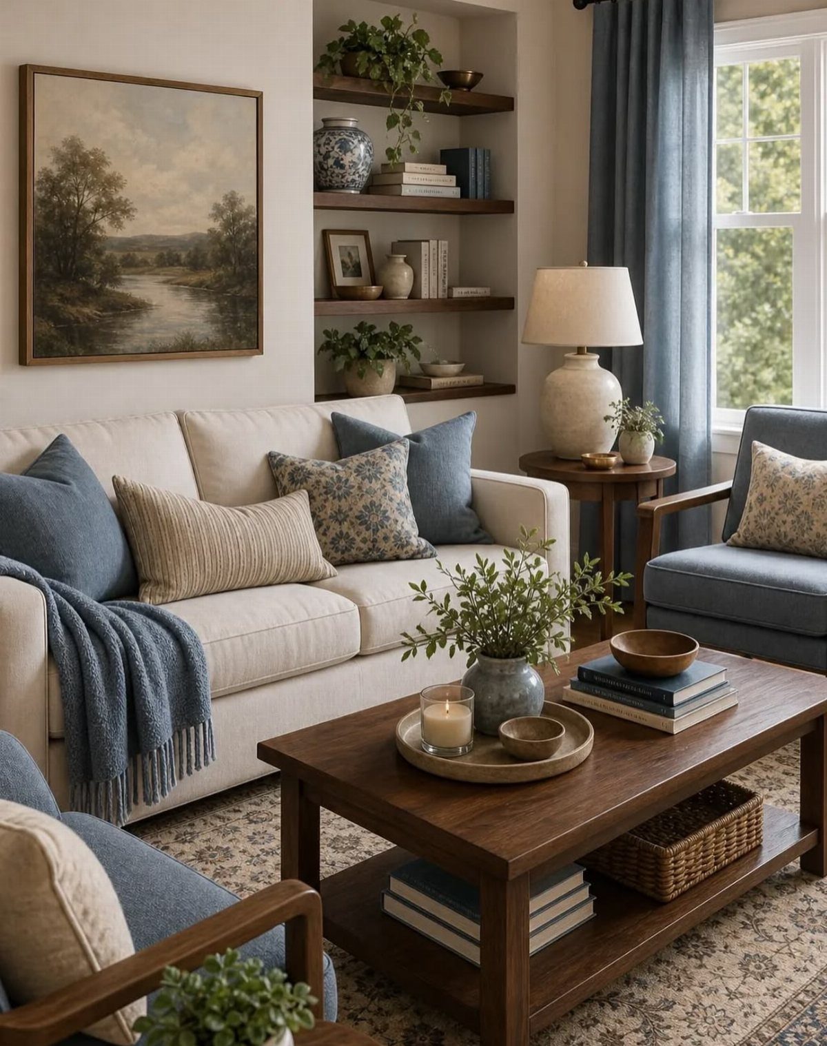 Living room with a cream sofa and dark natural wood coffee table and shelving.