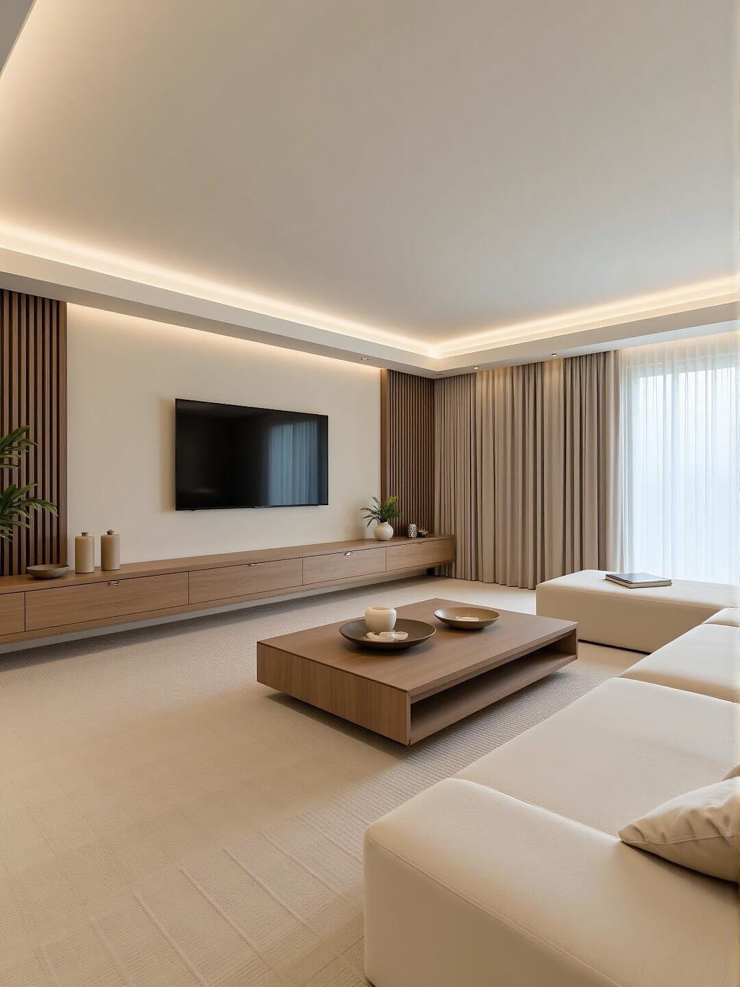 Modern minimalist living room with white sofa, wooden furniture, and neutral beige tones.