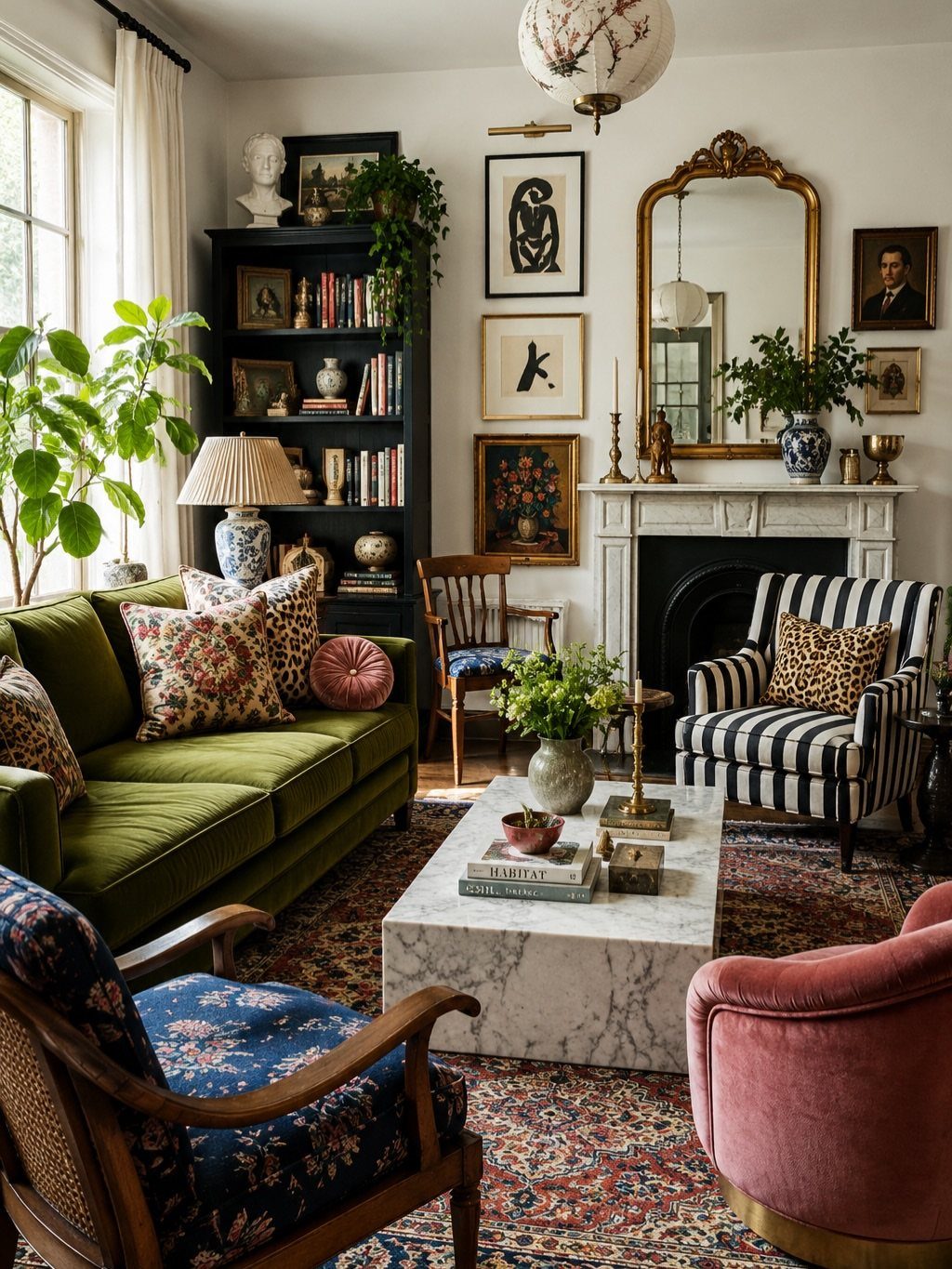 Green velvet sofa and various armchairs arranged around a marble coffee table.