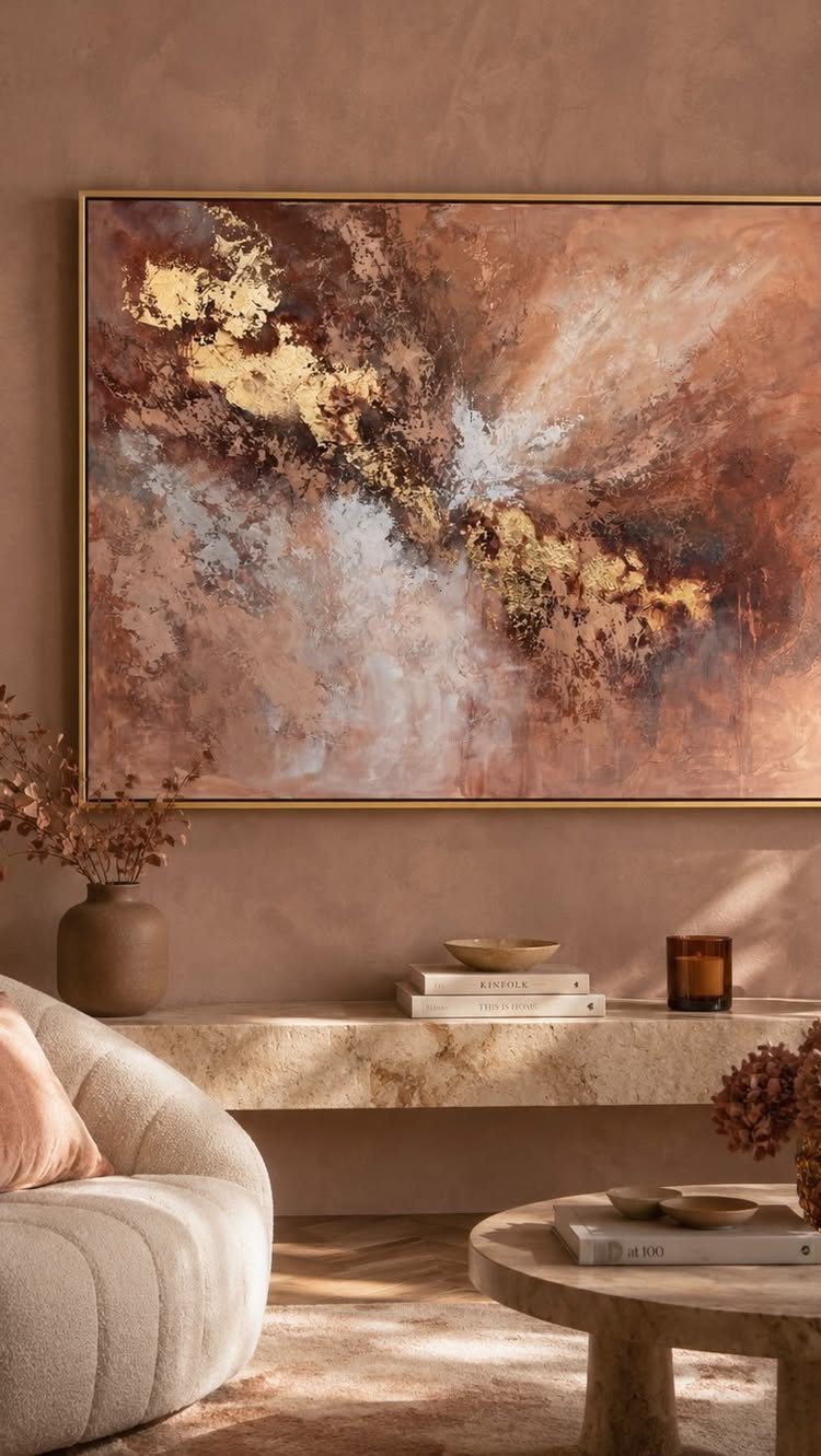 Large abstract gold and brown painting hanging above a stone console table in living room